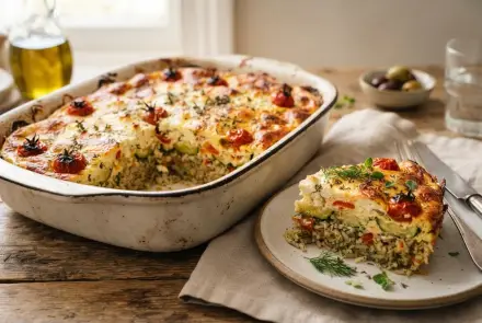 Фото Запеканка по-гречески с рисом, кабачками и фетой