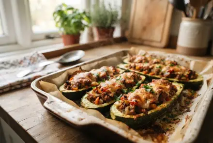 Фото Лодочки из кабачков с мясом и сыром в духовке