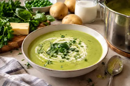Фото Суп-пюре из зеленого горошка и картофеля с сыром