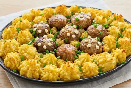 Фото Шампиньоны с картофельным пюре и фаршем в духовке