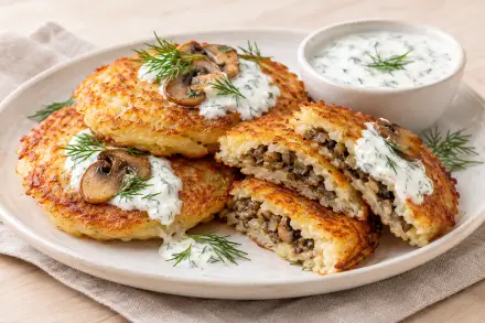 Фото Драники с грибами и сметанным соусом