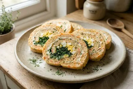 Фото Закусочный рулет с крабовыми палочками, сыром и яйцом