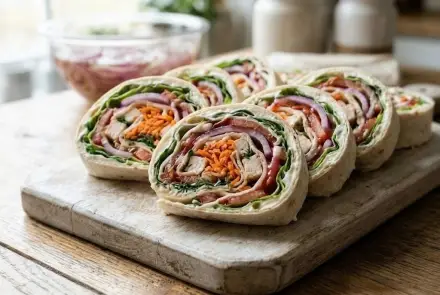 Фото Рулет из лаваша с курицей и корейской морковкой