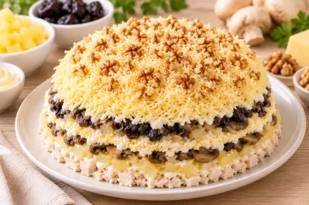 Фото Салат «Любимый» с курицей, ананасами и грибами