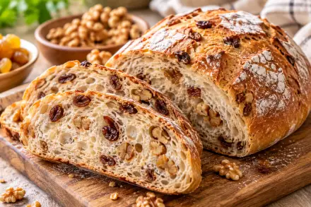Фото Домашний хлеб с грецкими орехами и изюмом на дрожжах