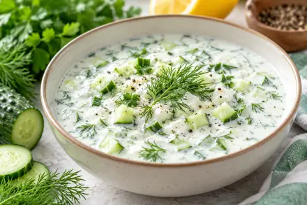 Фото Холодный сырный суп с огурцом и зеленью