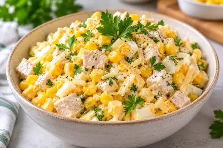 Фото Салат с курицей, кукурузой, сыром и яйцами