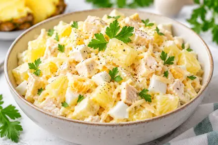 Фото Салат с курицей, ананасами, сыром и яйцами