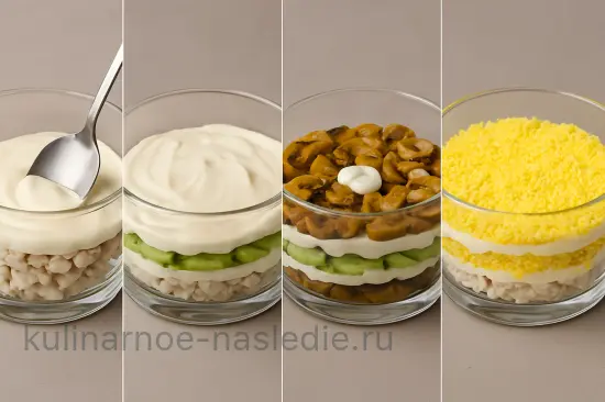 Слоёный салат «Нежность» с курицей и шампиньонами - шаг 5 (изображение)