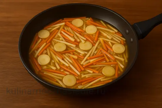 Тушеный корень лопуха с грибами и мясом - шаг 4 (изображение)