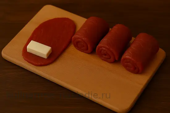 Рулетики из говядины с брынзой и беконом в томатном соусе - шаг 4 (изображение)