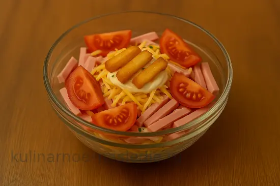 Салат с ветчиной и сухариками - сытный, сочный и быстрый - шаг 6 (изображение)