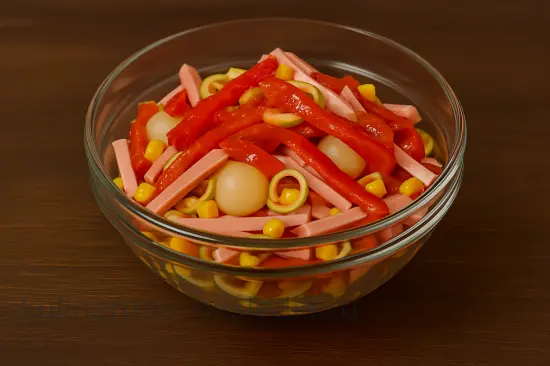 Салат «Фермерский» с колбасой, кукурузой и лечо - шаг 5 (изображение)