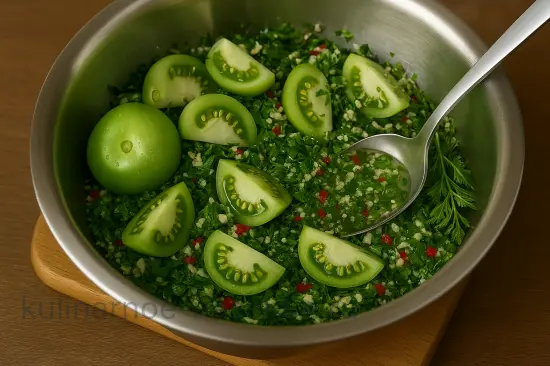 Острые маринованные зеленые помидоры с хреном и чесноком на зиму - шаг 5 (изображение)