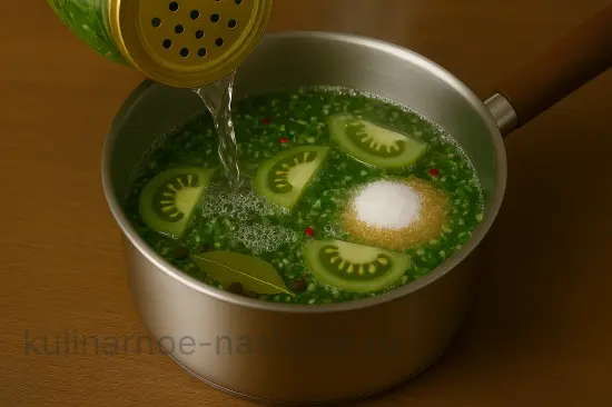 Острые маринованные зеленые помидоры с хреном и чесноком на зиму - шаг 8 (изображение)