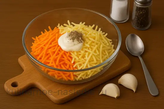 Салат из моркови с сыром и чесноком в листьях салата - шаг 5 (изображение)