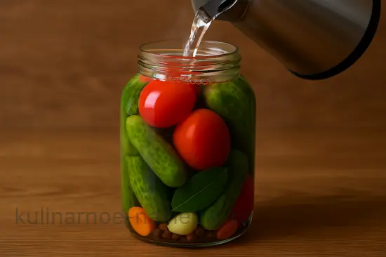 Сладкие маринованные огурцы с помидорами на зиму - шаг 5 (изображение)