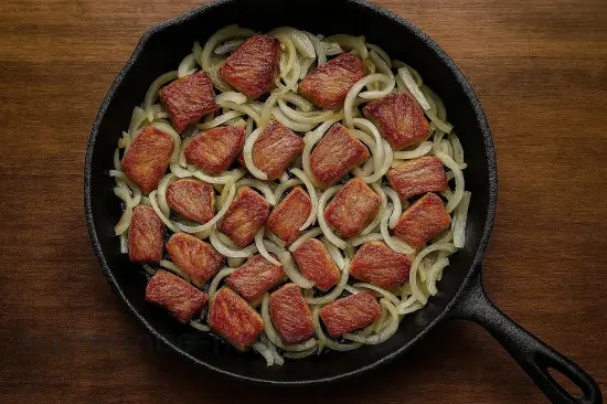 Азу из индейки с солёными огурцами и картофелем на сковороде - шаг 4