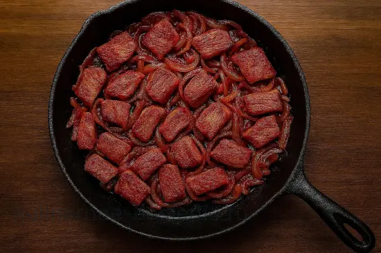 Азу из индейки с солёными огурцами и картофелем на сковороде - шаг 5