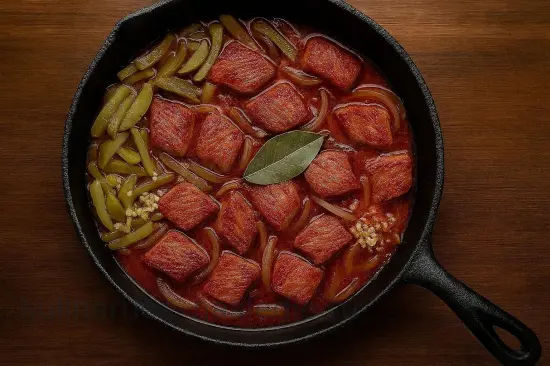 Азу из индейки с солёными огурцами и картофелем на сковороде - шаг 6