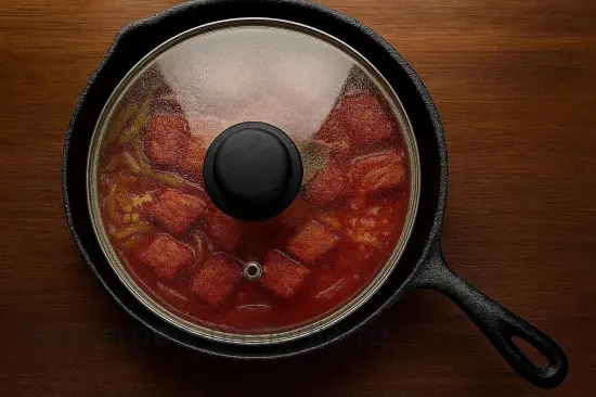 Азу из индейки с солёными огурцами и картофелем на сковороде - шаг 7