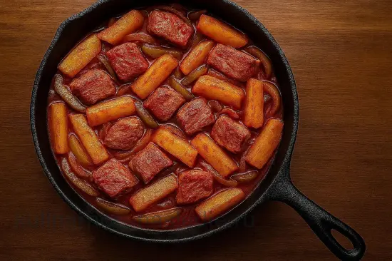 Азу из индейки с солёными огурцами и картофелем на сковороде - шаг 8