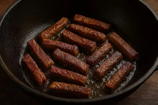 Азу по-татарски с солёными огурцами и картошкой в казане - шаг 4