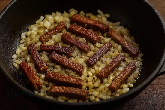 Азу по-татарски с солёными огурцами и картошкой в казане - шаг 5