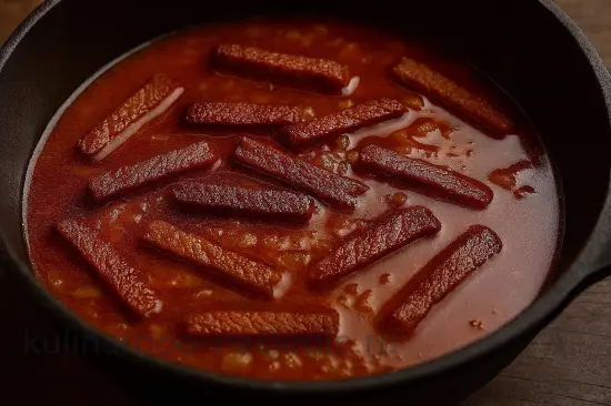 Азу по-татарски с солёными огурцами и картошкой в казане - шаг 6