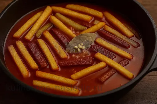 Азу по-татарски с солёными огурцами и картошкой в казане - шаг 8