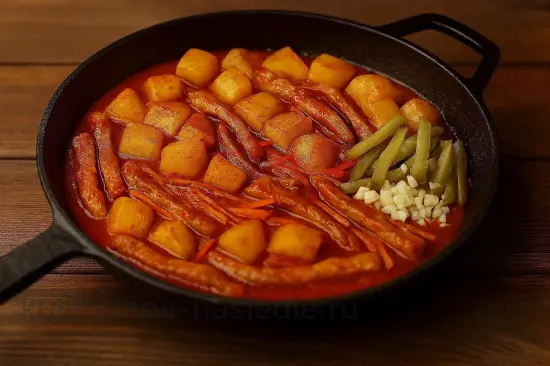 Азу по-татарски из свинины с картофелем на сковороде - шаг 6