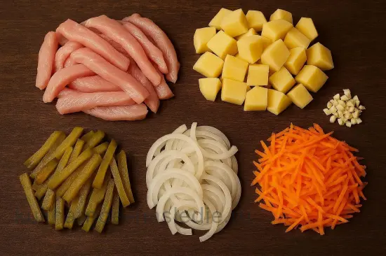 Азу с индейкой и солеными огурцами в казане - шаг 1