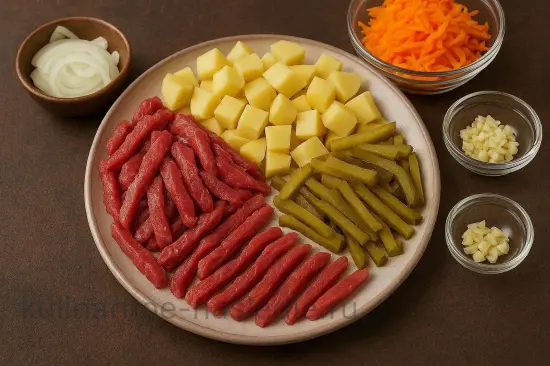 Азу по-татарски с говядиной и солеными огурцами - шаг 1