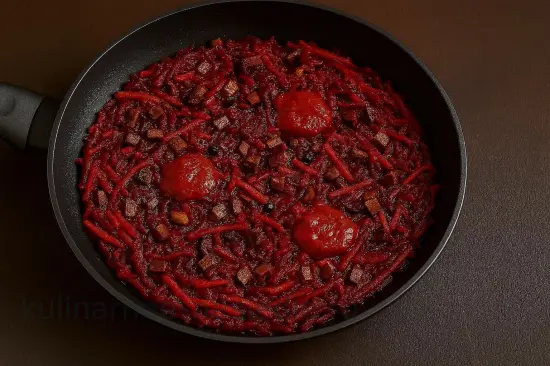 Борщ с копченой свининой и грибами - шаг 5. Тушение овощей с грибами