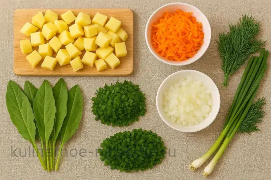 Зеленый борщ - шаг 1. Подготовка овощей и зелени