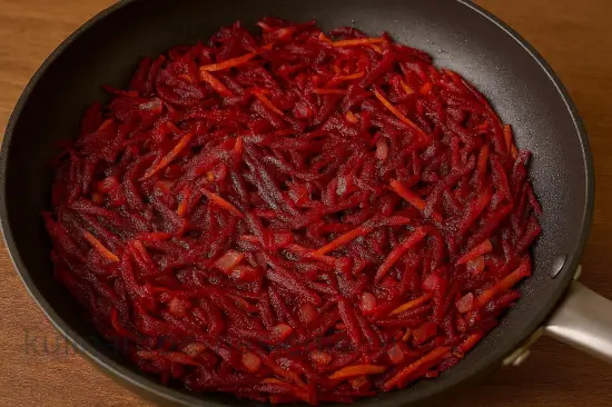 Красный борщ с мясом - шаг 3. Обжарка овощей