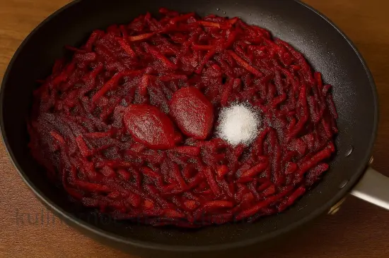 Красный борщ с мясом - шаг 4. Добавление томатной основы