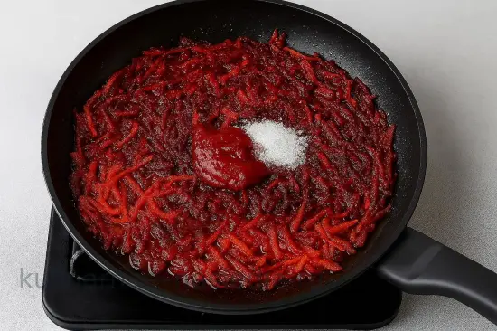 Борщ с курицей и капустой - шаг 4. Томатная зажарка