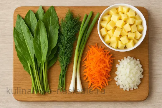 Зеленый борщ с щавелем и яйцом - шаг 1. Подготовка овощей и зелени