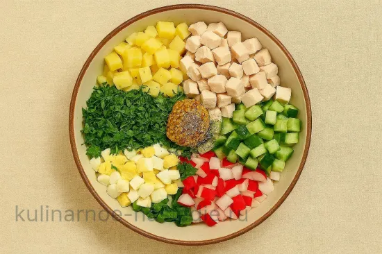 Окрошка на кефире с курицей - лёгкий рецепт без кваса - шаг 3 (изображение)