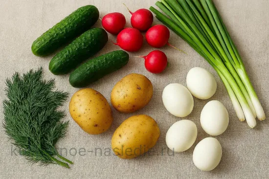 Окрошка на квасе классическая с колбасой и свежими овощами - шаг 1 (изображение)