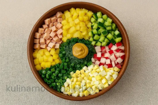 Окрошка на квасе классическая с колбасой и свежими овощами - шаг 3 (изображение)