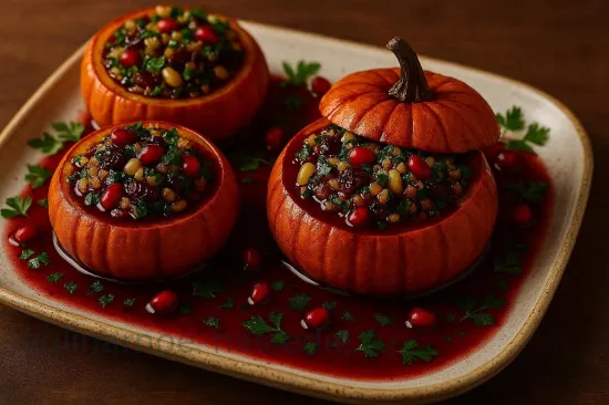 Фаршированная тыква с булгуром, кедровыми орехами и гранатовым соусом - шаг 7. Финальное запекание и подача