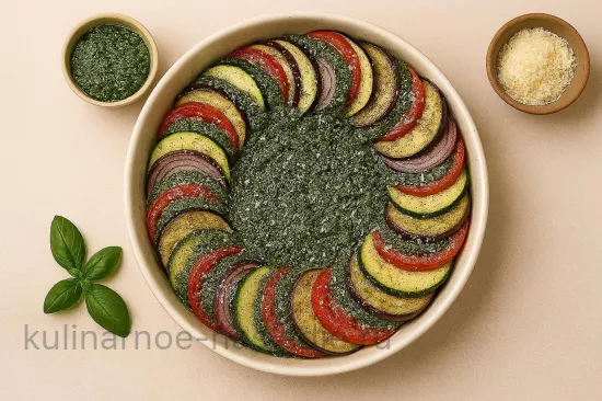 Рататуй с запечённым песто и пармезаном - шаг 4. Добавление соуса и сыра