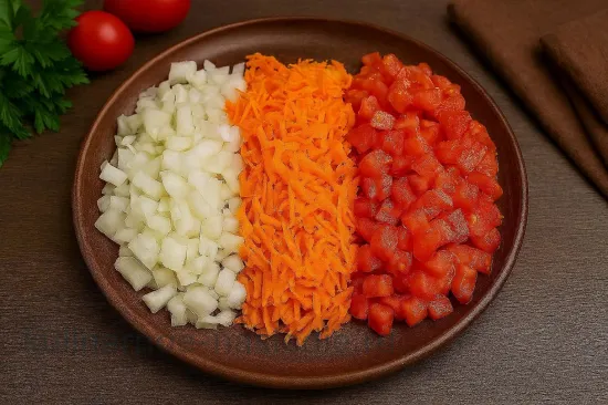 Фаршированные перцы по-болгарски с рисом и овощами - шаг 3. Нарезка овощей