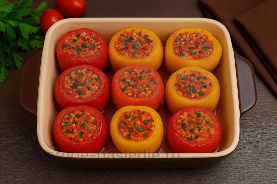 Фаршированные перцы по-болгарски с рисом и овощами - шаг 7. Запекание