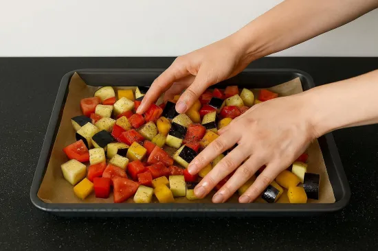 Запеченные овощи по-гречески с фетой и оливками - шаг 4. Приправление овощей