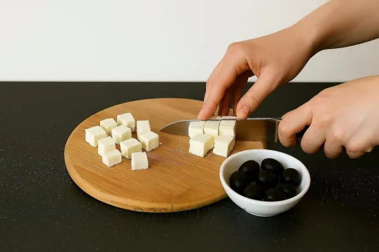 Запеченные овощи по-гречески с фетой и оливками - шаг 6. Подготовка феты и оливок