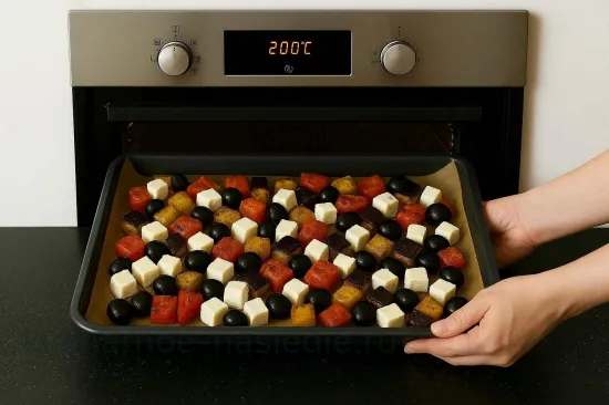 Запеченные овощи по-гречески с фетой и оливками - шаг 7. Финальное запекание с фетой и оливками