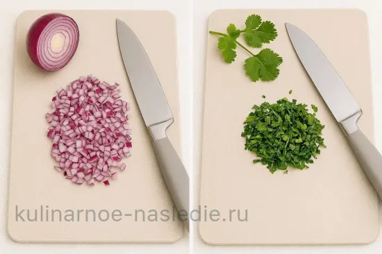 Бутерброд с фасолью и чили - Подготовка свежей зелени и лука